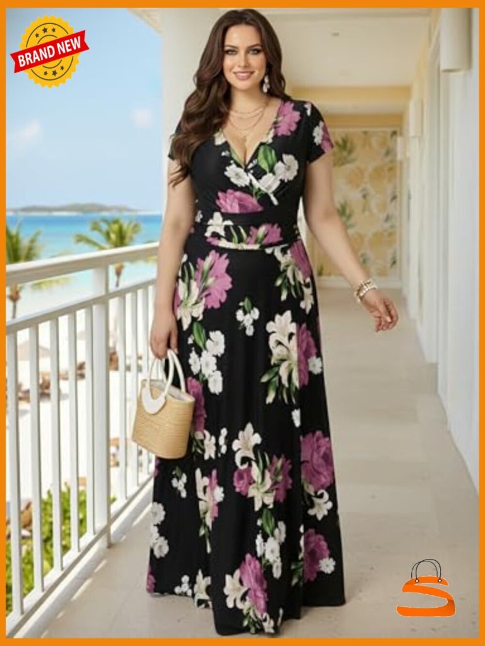 Flowing Floor Length Maxi Dress with Short Sleeves V-Neck Plus Size - Picture 2 of 7